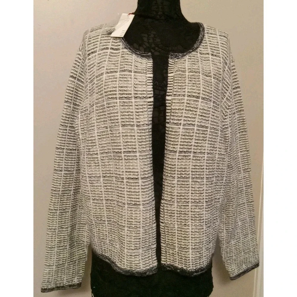 Elle Women Black‎ White Woven  Textured Cardigan Sweater Size XXL